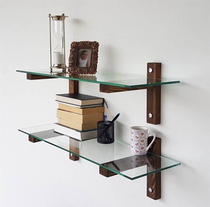 Hanah Home R200 Estantería de pared de cristal templado y madera de pino, Nogal
